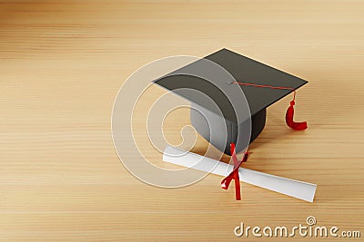 graduation cap and diploma concept background, 3d Stock Photo