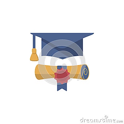 Graduation cap and diploma rolled scroll flat design icon. Vector Illustration