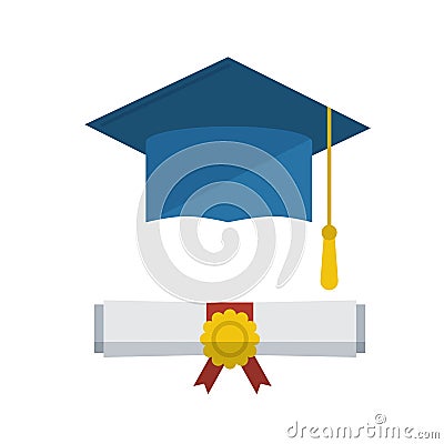 Graduation cap and diploma rolled scroll icon Vector Illustration