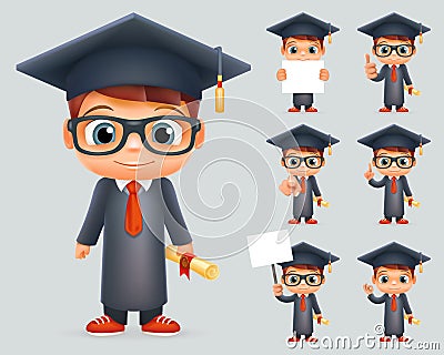 Graduation Cap Excellent Diploma Certificate Scroll Student Genius School Clever Smart Boy Uniform Suit Goggles 3d Vector Illustration