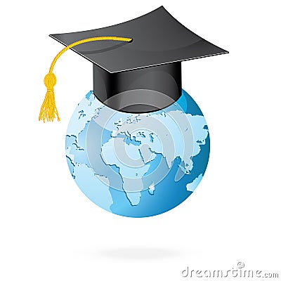 The graduation cap and globe icon. Mortar board and world vector on white. Vector Illustration