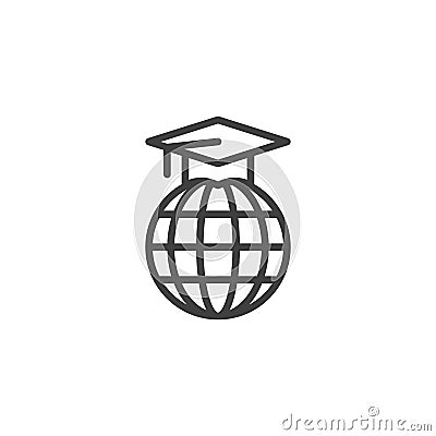 Graduation cap on globe line icon Vector Illustration