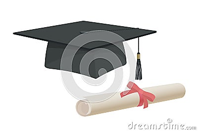 Graduation cap hat and certificate university academy diploma college bachelor prom icon element flat cartoon design Vector Illustration