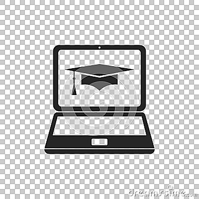 Graduation cap and laptop icon. Online learning or e-learning concept icon isolated on transparent background Vector Illustration