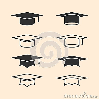 Graduation cap logos set. Graduation hat logo set. Academic caps. Line academic icons set. Vector Illustration