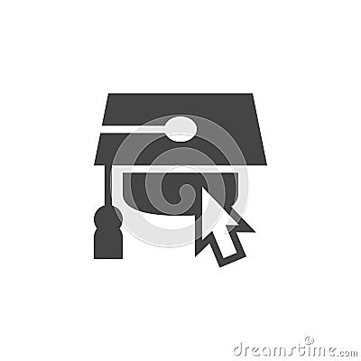 Graduation cap and mouse cursor flat icon for training sites and apps interfaces, online webinar, e-learning courses Vector Illustration