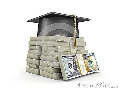 Graduation cap and Pile of Dollars Stock Photo