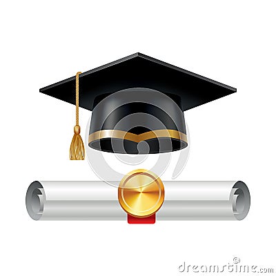 Graduation cap and rolled diploma scroll with stamp. Finish education concept. Academic hat with tassel and university Vector Illustration