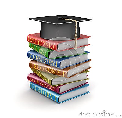 Graduation cap and Stack of textbooks Stock Photo