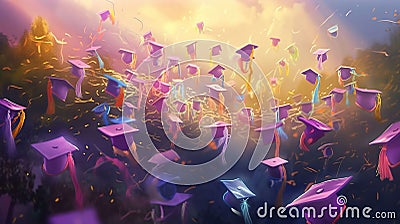 Graduation Caps Thrown in the Air, ods art, aion, Illustration, generative ai Stock Photo