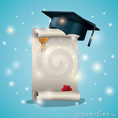 Graduation card with diploma and hat Vector Illustration
