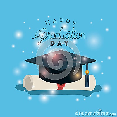 Graduation card with hat and diploma Vector Illustration