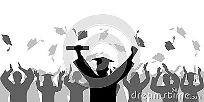 Graduation ceremony. Cheerful Graduate in mantle and mortarboard with diploma on background of crowd people throwing square Vector Illustration