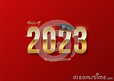 2023 graduation ceremony festive horizontal banner template. Award concept with academic hat, golden numbers and text Vector Illustration