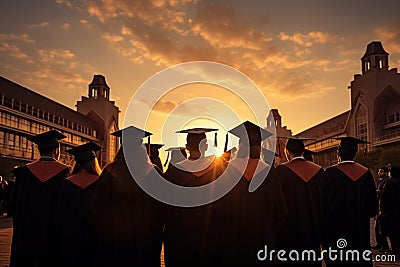 Graduation ceremony scene Silhouettes of university graduates, rear perspective Stock Photo