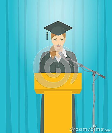 Graduation ceremony speech by Asian girl graduate at the podium Vector Illustration