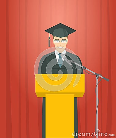 Graduation ceremony speech by a man graduate at the podium Vector Illustration