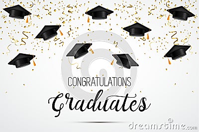 Graduation class of 2018. Congratulations graduates. Academic hats, confetti and balloons. Celebration. . Vector Illustration