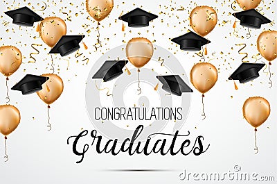 Graduation class of 2018. Congratulations graduates. Academic hats, confetti and balloons. Celebration. . Vector Illustration