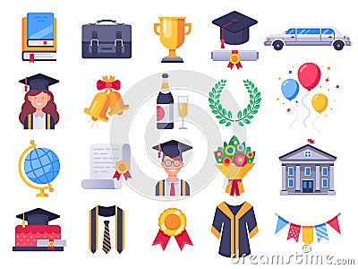 Graduation day icons. College graduate students party, graduation cap and student gown. Exams icon vector illustration Vector Illustration