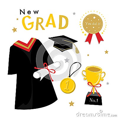 Graduation Day Vector Icon set of Celebration Elements in Flat Design. Vector Illustration