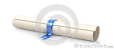 Graduation diploma scrolling bound with a blue ribbon isolated on white. The symbol for a successful ending. Cartoon Illustration