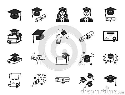 Graduation doodle illustration including flat icons - student in cap, diploma certificate scroll, university degree Vector Illustration