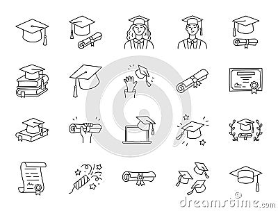 Graduation doodle illustration including icons - student in cap, diploma certificate scroll, university degree . Thin Vector Illustration