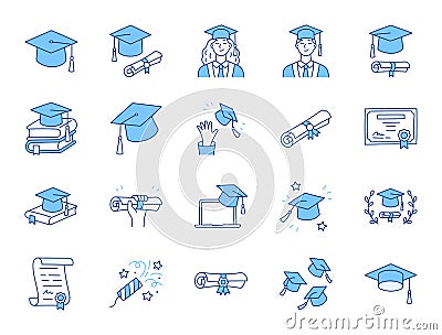 Graduation doodle illustration including icons - student in cap, diploma certificate scroll, university degree. Thin Vector Illustration