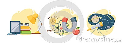 Graduation educational elements supplies creative set. Back to school. Study physics and astronomy Vector Illustration