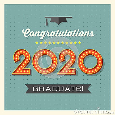 2020 graduation greeting card or banner design with vintage light bulb sign numbers. Vector Illustration