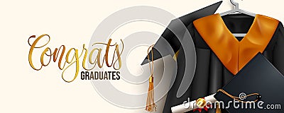 Graduation greeting vector design. Congrats graduates text with graduation dress and elements of mortarboard cap, gown. Vector Illustration