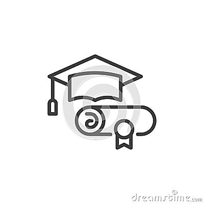 Graduation hat and diploma line icon Vector Illustration