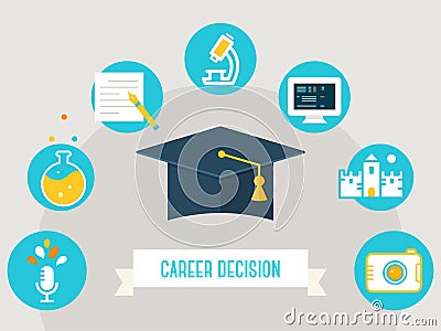 Graduation Hat Surrounded by Education Icons. Choosing course, career or occupation concept. Vector Illustration