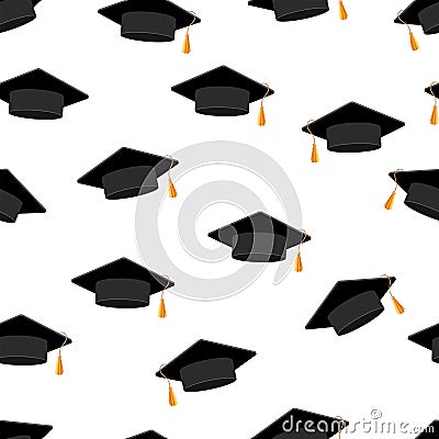 Graduation hats. Seamless pattern. White background. Vector Cartoon Illustration