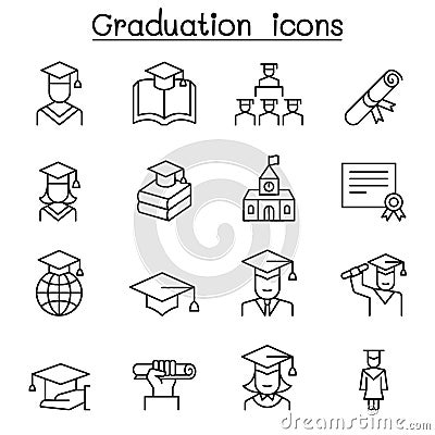 Graduation icon set in thin line style Vector Illustration