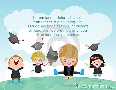 Graduation kids, happy child graduates, happy kids jumping, Graduates in gowns and with diploma, students graduation, illustration Vector Illustration