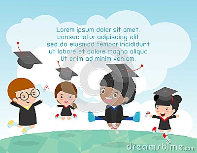 Graduation kids, happy child graduates, happy kids jumping, Graduates in gowns and with diploma, students graduation, illustration Vector Illustration