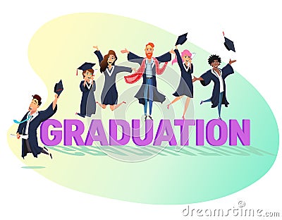 Graduation Lettering and Happy Students in Gowns Vector Illustration