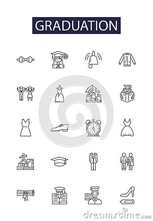 Graduation line vector icons and signs. Celebration, Graduate, Degree, Education, Finale, Cap, Gown, Diploma outline Vector Illustration