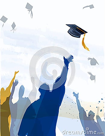 Graduation with mortars flying. Vector Illustration