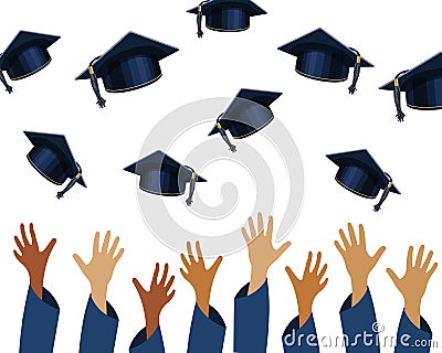 Graduation party banner with raised hands and graduation caps. Design for graduate diploma, awards. Education concept. Vector Illustration