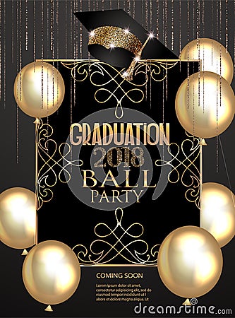 Graduation party elegant banner with golden design elements and air balloons. Vector Illustration