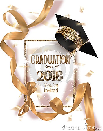 Graduation 2018 party invitation card with hat and long gold silk ribbon and confetti. Vector Illustration