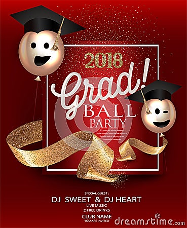 Graduation party red card with gold sparkling ribbons and air balloons. Vector Illustration