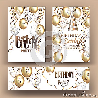 Birthday party banners with air balloons and serpentine. Vector Illustration