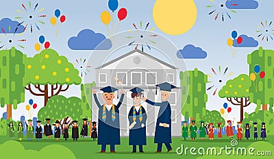 Graduation people vector illustration in front university building graduates different age in mantle, hat. Happy people Vector Illustration