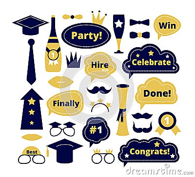 Graduation photo booth. School party props. Graduate funny sticker, speech bubbles. Isolated selfie decoration, congrats Vector Illustration