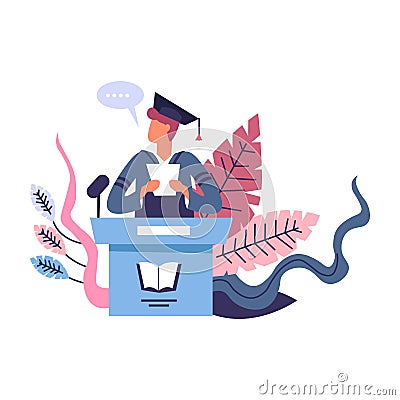 Graduation speech of person wearing mantle and traditional hat Vector Illustration