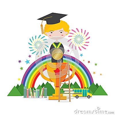 Graduation Student Standing On Golden Trophy Represent To Success Education Concept Vector Illustration